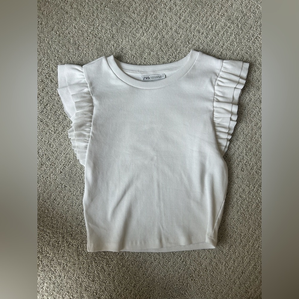 ZARA Ruffled Sleeve Fitted Top- White